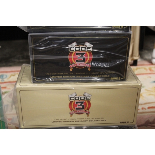 127 - EIGHT BOXED CODE 3 COLLECTABLES 1:64 SCALE NEW LIMITED EDITION FIRE ENGINES, to include FDNY Ladder ... 