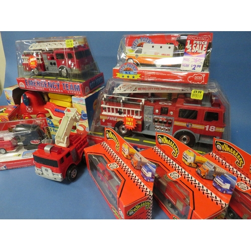 150 - A BOX OF TEN PLASTIC FIRE RELATED VEHICLES, nine boxed / one loose, makes include Dickie, Funrise, K... 