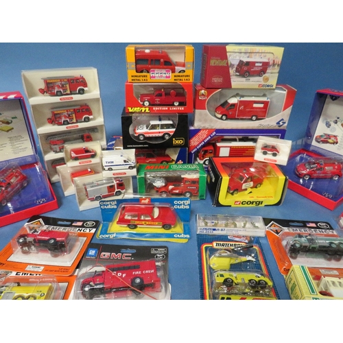 96 - THIRTY FIVE BOXED AND CARDED EMERGENCY SERVICES VEHICLES, by Corgi, Norev, Siku, Gama, matchbox, Lle... 