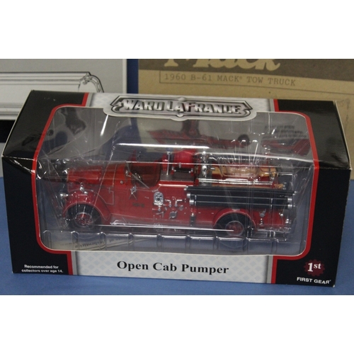 166 - NINE BOXED FIRST GEAR VEHICLES - MAINLY FIRE RELATED, 1:34 scale, to include a LaFrance open cab pum... 