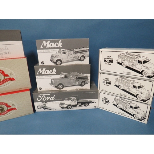 180 - NINE BOXED FIRST GEAR VEHICLES, all 1:34 scale, to include Mack L series pumper, Mack L Model pumper... 