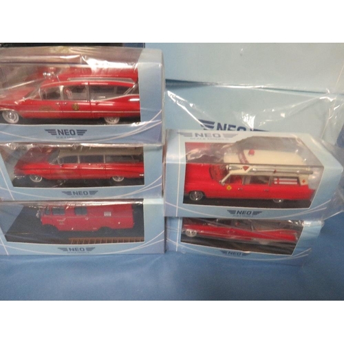 227 - EIGHT BOXED NEO EMERGENCY SERVICES VEHICLES, to include L911 Mercedes Metz fire truck, Mercedes ladd... 