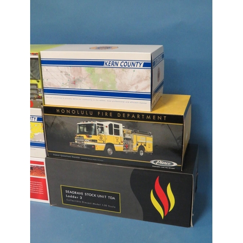 237 - SIX BOXED 1:50 SCALE MODEL FIRE ENGINES, by Pierce, Kern County etc