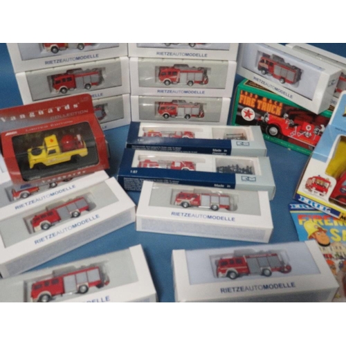 241 - FOURTEEN BOXED RIETZEAUTOMODELLE FIRE ENGINES, boxed Corgi Vanguard Land rover, carded and boxed Fir... 