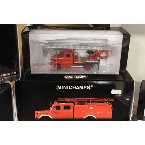 194 - FIVE BOXED MINICHAMPS MAGIRUS DEUTZ MERKUR FIRE ENGINES, together with five other 1:43 scale Minicha... 