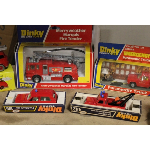 223 - BOXED DINKY MERRYWEATHER MARQUIS FIRE TENDER, boxed Dinky paramedic truck, boxed Dinky fire engine, ... 