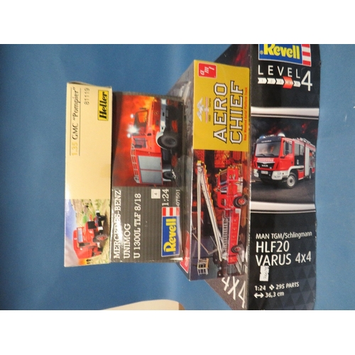 260 - FOUR FIRE ENGINE MODEL KITS, Revell Man TGM Schlingmann HFL 20 Varus 4 x 4, 1:24 scale, Revell Merce... 