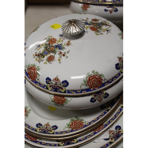 35 - TWO TRAYS OF VICTORIAN STYLE DINNERWARE TO INCLUDE LIDDED TUREENS AND LADLES