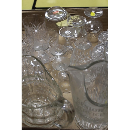 38 - TWO TRAYS OF ASSORTED GLASSWARE TO INCLUDE DECO STYLE DRESSING TABLE PIECES, ETCHED SENIOR SERVICE W... 