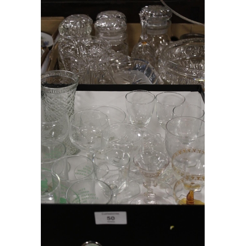 50 - SIX TRAYS OF ASSORTED GLASSWARE TO INCLUDE CRYSTAL GOBLETS