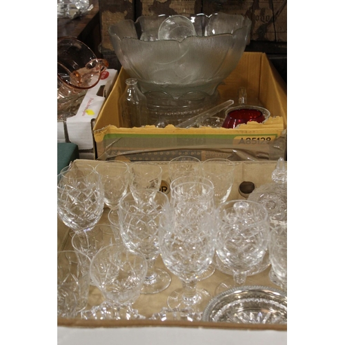 50 - SIX TRAYS OF ASSORTED GLASSWARE TO INCLUDE CRYSTAL GOBLETS