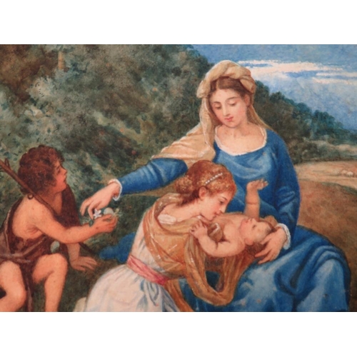 100 - (XIX). Study of Mary and Jesus with young girl, young boy and cherub in an extensive landscape, moun... 