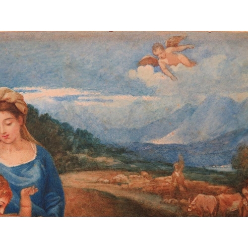 100 - (XIX). Study of Mary and Jesus with young girl, young boy and cherub in an extensive landscape, moun... 