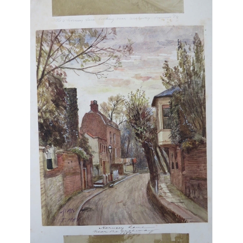 101 - J. MAY. Street scene 'Hornsey Lane Near Archway', together with two sepia newspaper photos signed an... 