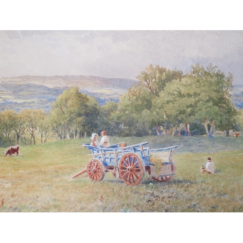 103 - GEORGE F. GLENNIE (1861-1882). Wooded landscape with children, cart and cattle in a meadow, hills be... 