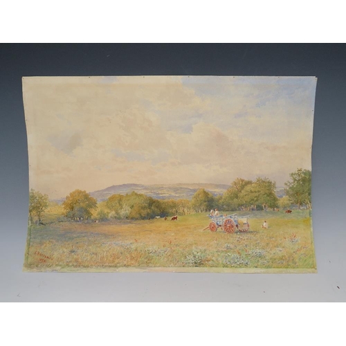 103 - GEORGE F. GLENNIE (1861-1882). Wooded landscape with children, cart and cattle in a meadow, hills be... 