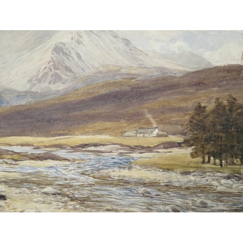 104 - A.W. WEEDON. Mountainous river landscape with cottage, signed and dated 1981 lower right, watercolou... 