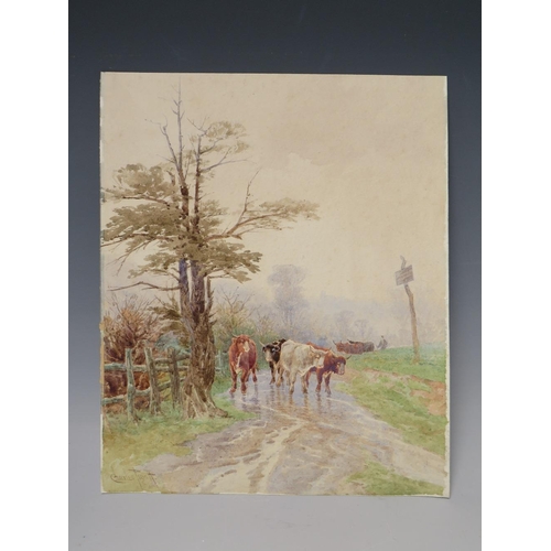 106 - CHARLES PIGOTT (1863-1940). Misty wooded landscape with cattle and drover in a lane, signed bottom l... 