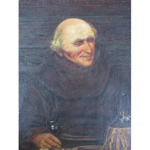 149 - (XIX). British school, study of a monk at a dining table, unsigned, oil on canvas, framed, 41 x 31 c... 