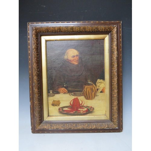 149 - (XIX). British school, study of a monk at a dining table, unsigned, oil on canvas, framed, 41 x 31 c... 