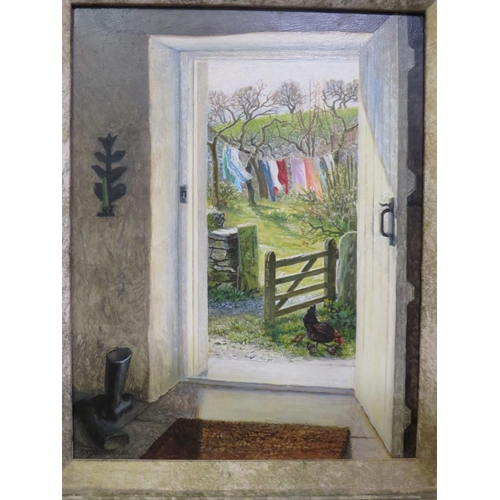 155 - STEPHEN J DERBYSHIRE (1940). 'Washing on the Line', signed lower left, oil on board, framed, 23 x 17... 