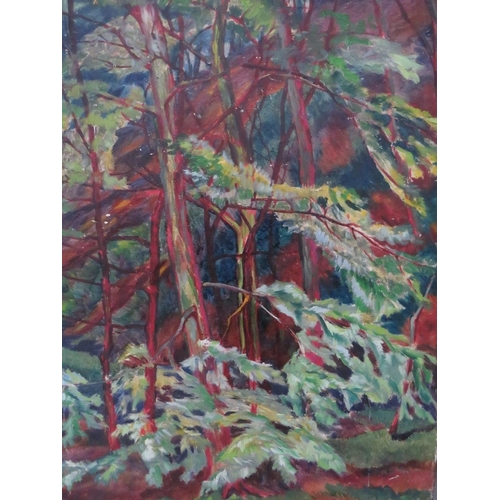 157 - SUSHILA SINGH (b.1904), Impressionist wooded rocky river scene, signed lower right, oil on canvas, u... 