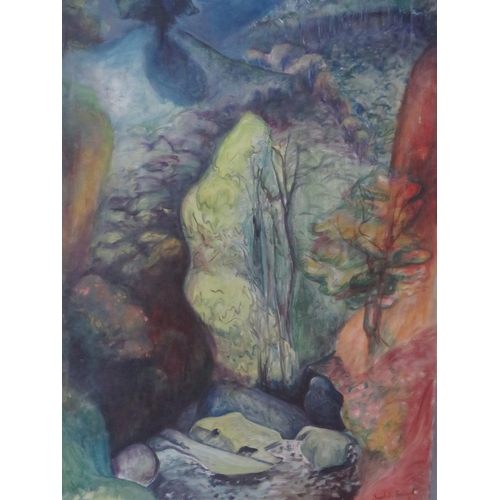 157 - SUSHILA SINGH (b.1904), Impressionist wooded rocky river scene, signed lower right, oil on canvas, u... 