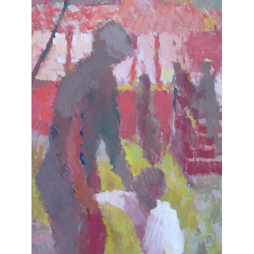 159 - (XX). Impressionist fairground scene with figures and child, unsigned, oil on paper, framed and glaz... 