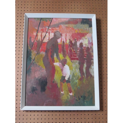 159 - (XX). Impressionist fairground scene with figures and child, unsigned, oil on paper, framed and glaz... 