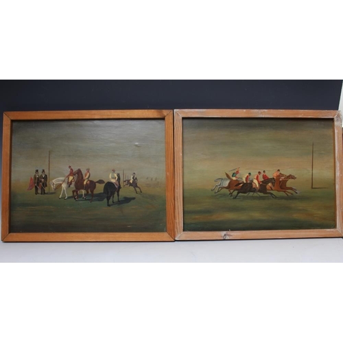 164 - ENGLISH SCHOOL (XX). A pair of naive horse racing scenes, oils on board, a pair, framed, 32 x 44 cm ... 