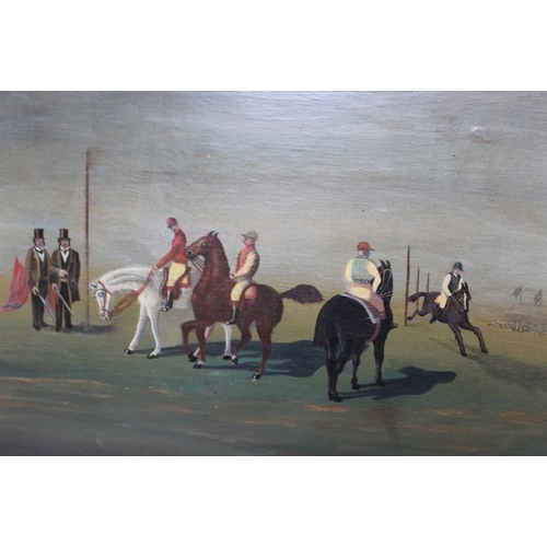 164 - ENGLISH SCHOOL (XX). A pair of naive horse racing scenes, oils on board, a pair, framed, 32 x 44 cm ... 