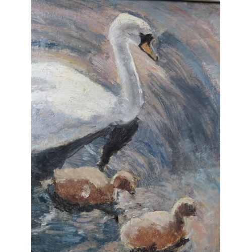 167 - RONALD OSSORY DUNLOP (1894-1973). Impressionist study of a swan and two cygnets swimming, signed low... 