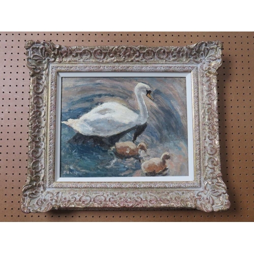 167 - RONALD OSSORY DUNLOP (1894-1973). Impressionist study of a swan and two cygnets swimming, signed low... 