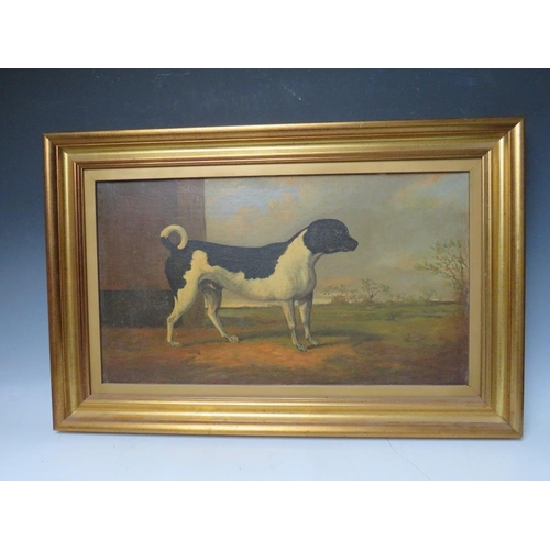 168 - (XIX). English naive school, study of a dog with landscape beyond, unsigned, oil on canvas, framed, ... 