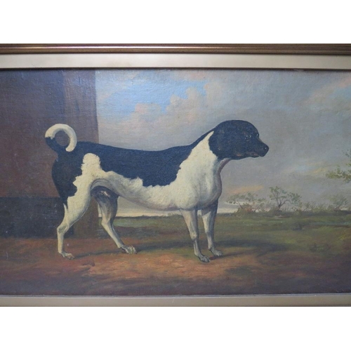 168 - (XIX). English naive school, study of a dog with landscape beyond, unsigned, oil on canvas, framed, ... 