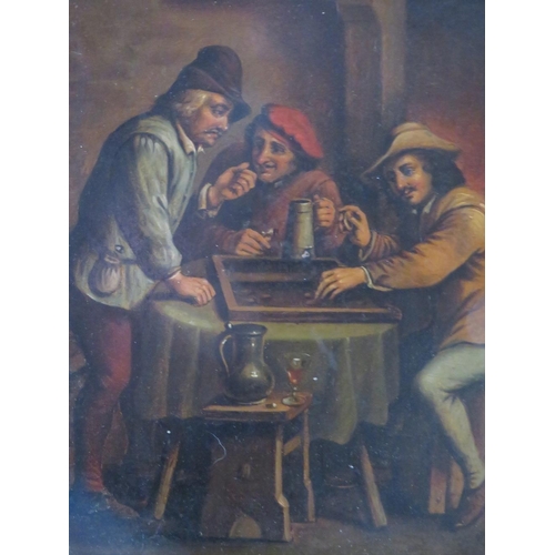 172 - (XIX). Dutch school, an inn interior with figures playing backgammon, unsigned, oil on metal, framed... 