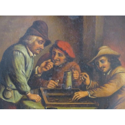 172 - (XIX). Dutch school, an inn interior with figures playing backgammon, unsigned, oil on metal, framed... 