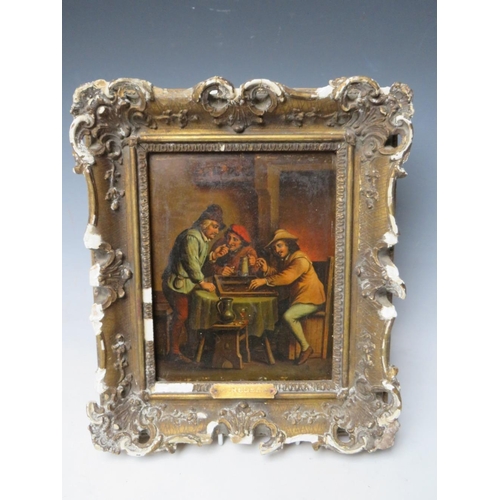 172 - (XIX). Dutch school, an inn interior with figures playing backgammon, unsigned, oil on metal, framed... 