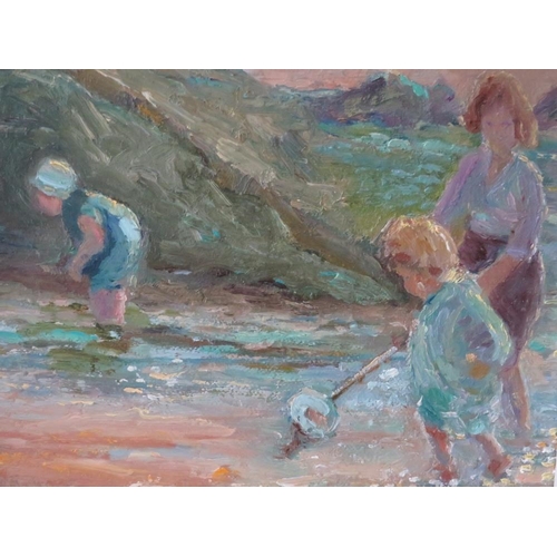 173 - (XX). English school, impressionist rocky beach scene with woman and children searching rock pools, ... 