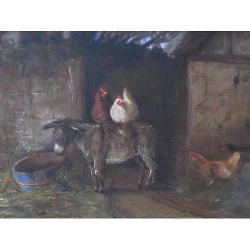 174 - (XIX-XX). English school ,farmyard scene with donkey and chickens, unsigned, oil on board, framed, 1... 