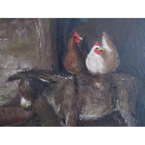 174 - (XIX-XX). English school ,farmyard scene with donkey and chickens, unsigned, oil on board, framed, 1... 