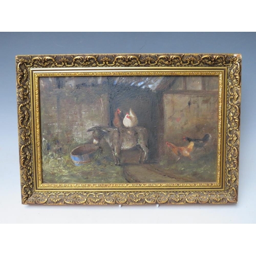 174 - (XIX-XX). English school ,farmyard scene with donkey and chickens, unsigned, oil on board, framed, 1... 