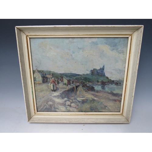 177 - J.A.PARK (XX). Impressionist stormy, rocky coastal scene, with figures and village, signed lower lef... 