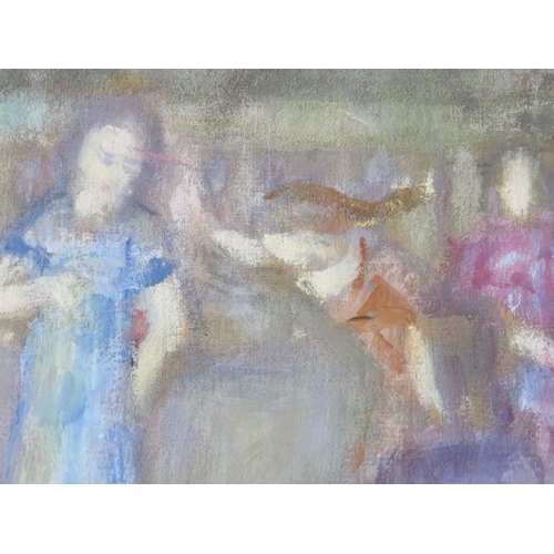 186 - (XX). Impressionist study of young girls playing, unsigned, oil on canvas laid on board, framed and ... 