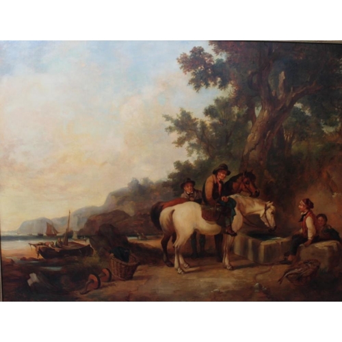 187 - WILLIAM SHAYER SNR (1787-1879). Fisherfolk on the coast, signed lower right and dated 1845, oil on c... 