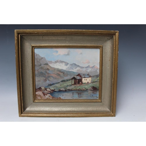 189 - CONTINENTAL SCHOOL (XX). An impressionist alpine scene with a chalet and figures, signed lower right... 