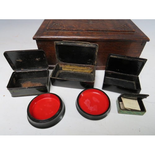 202 - A VINTAGE OAK LIDDED BOX AND CONTENTS, containing a selection of collectable boxes etc., to include ... 