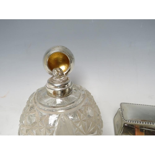 215 - A HALLMARKED SILVER LIDDED GLOBULAR PERFUME BOTTLE, (hallmarks rubbed), complete with glass stopper,... 