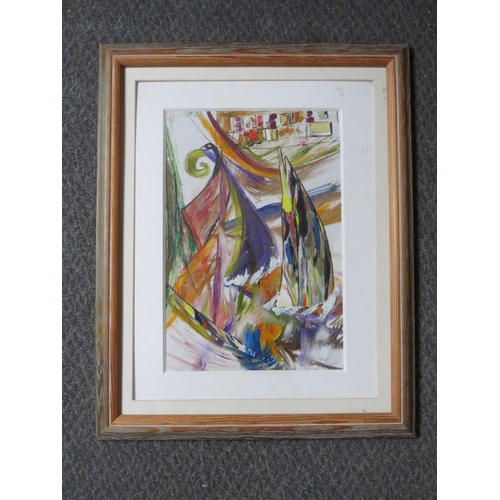 26 - PATRICIA AUSTIN. Impressionist study of boats 'The Race', see verso, signed lower left, oils and col... 