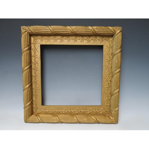 33 - A 19TH CENTURY GOLD ROPE EFFECT FRAME, with decorative gold slip, with restoration, frame W 3.5 cm, ... 